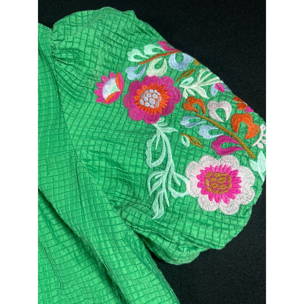 THML Green Seersucker Floral Embroidered Puff Sleeve Blouse Top Womens Large - Picture 3 of 7